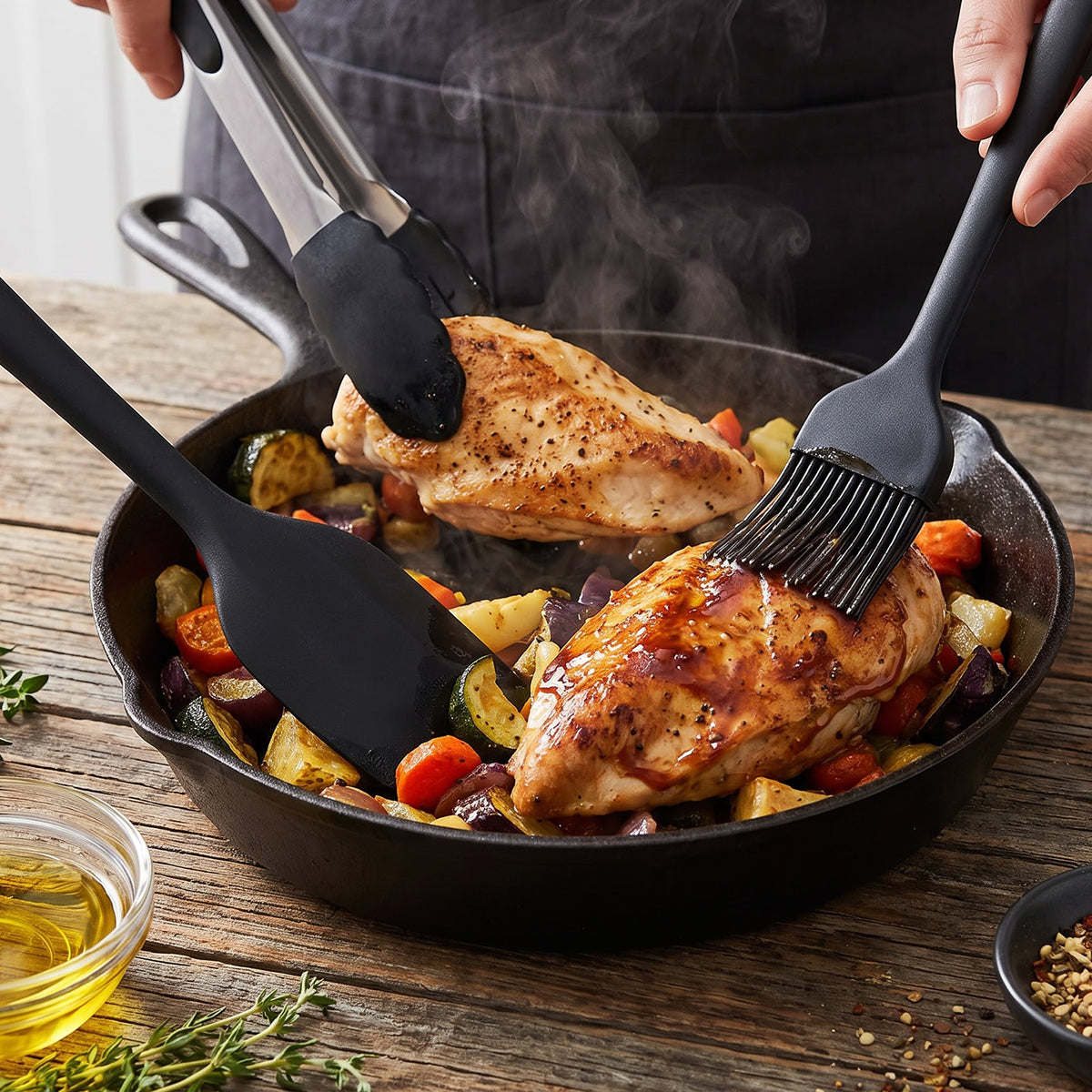 Air fryer cooking tools in use