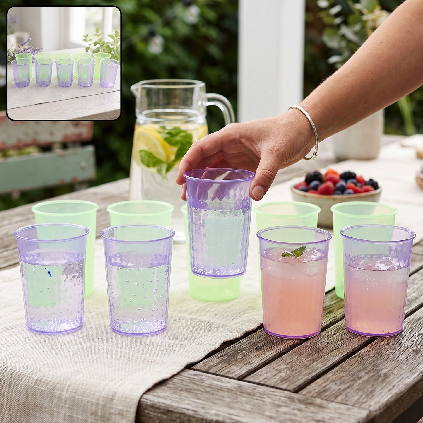 Reusable plastic tumblers for juice and water serving