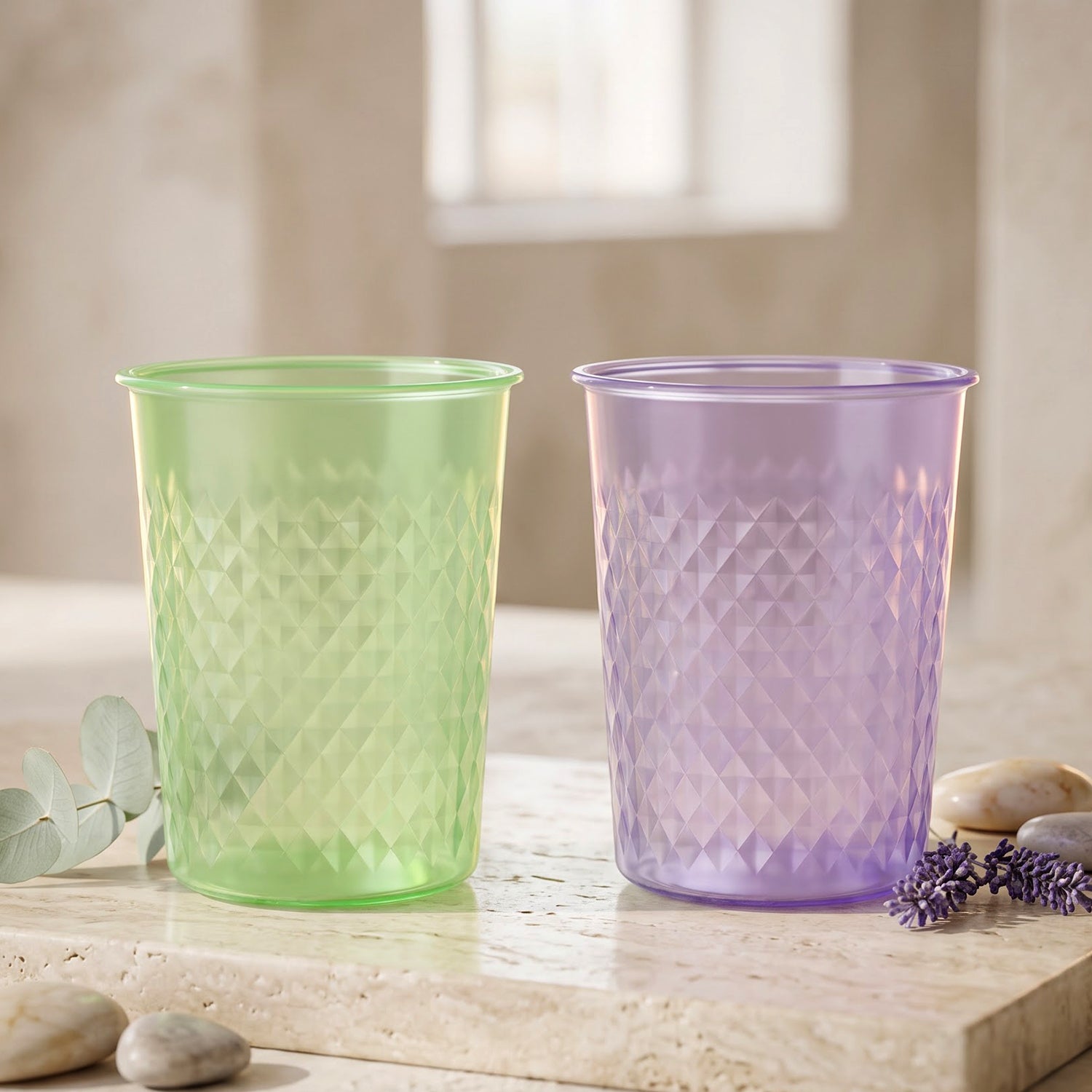 Green and purple textured plastic drinking tumblers