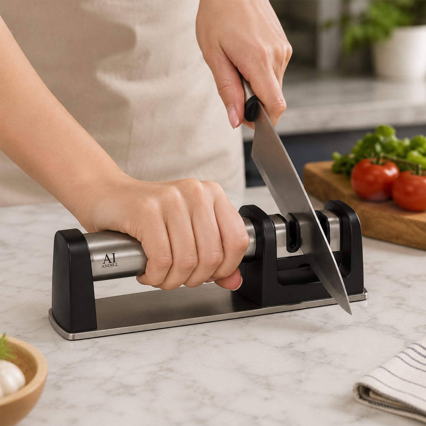 Two stage countertop knife sharpening