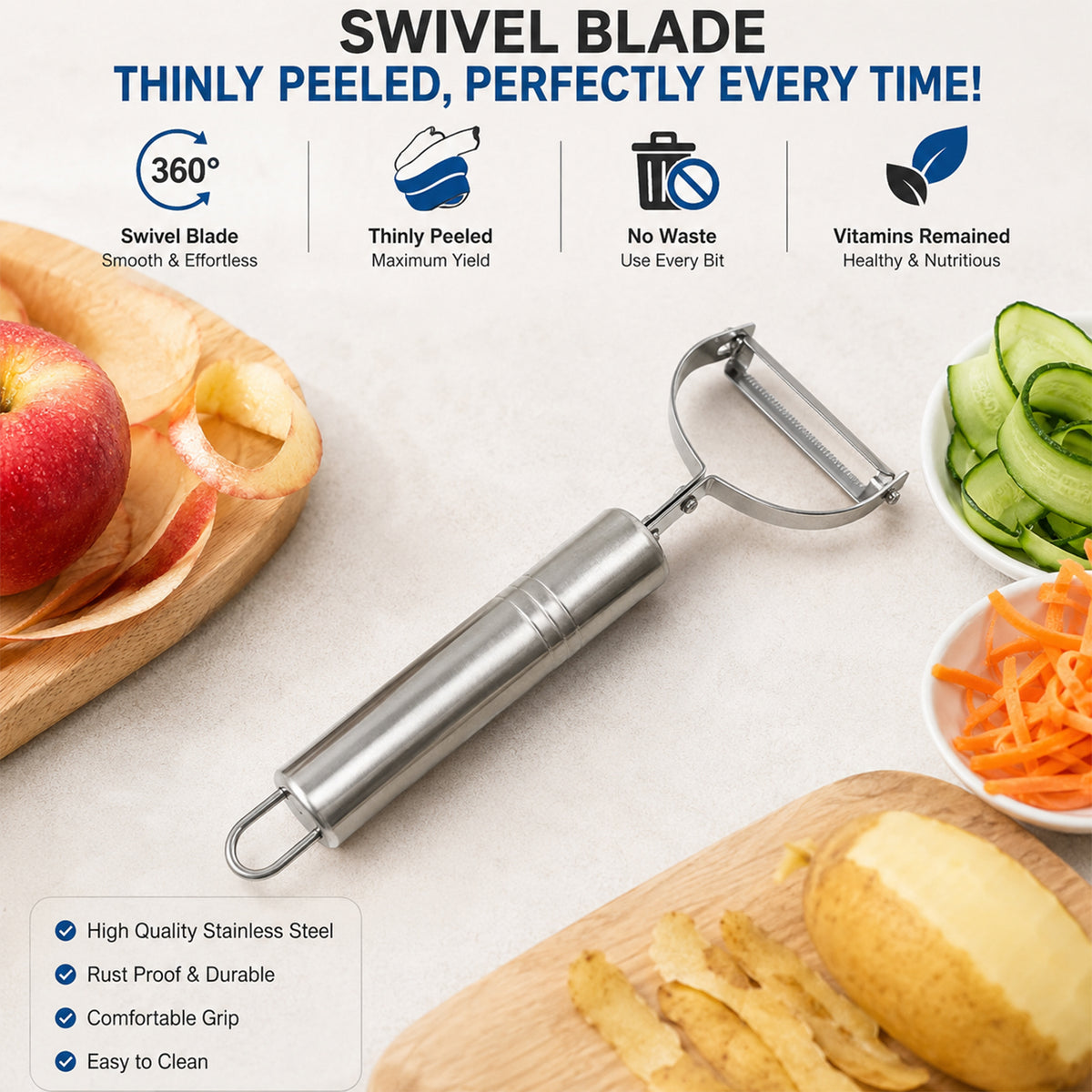 Swivel blade vegetable peeler features
