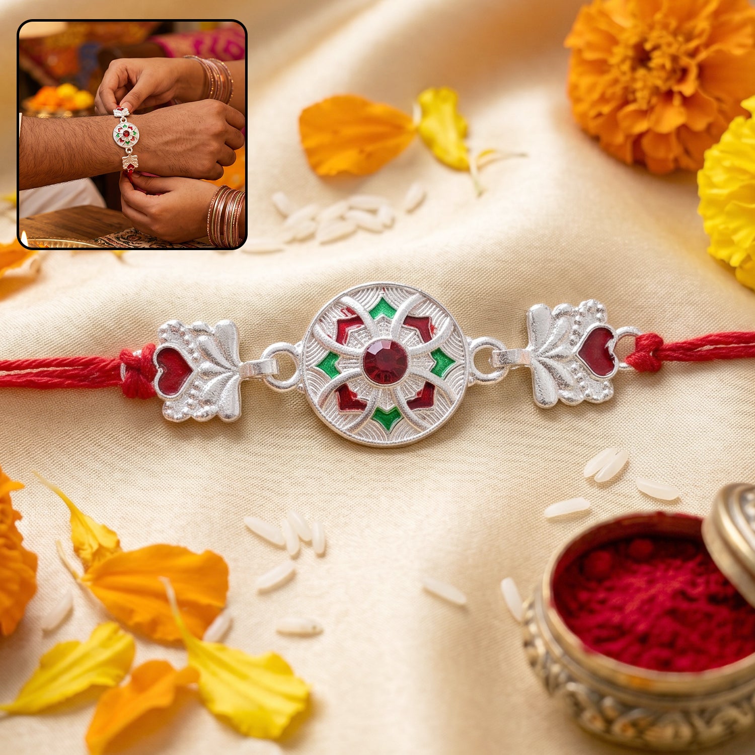 Silver Decorative Rakhi for Boys with Red and Green Accents