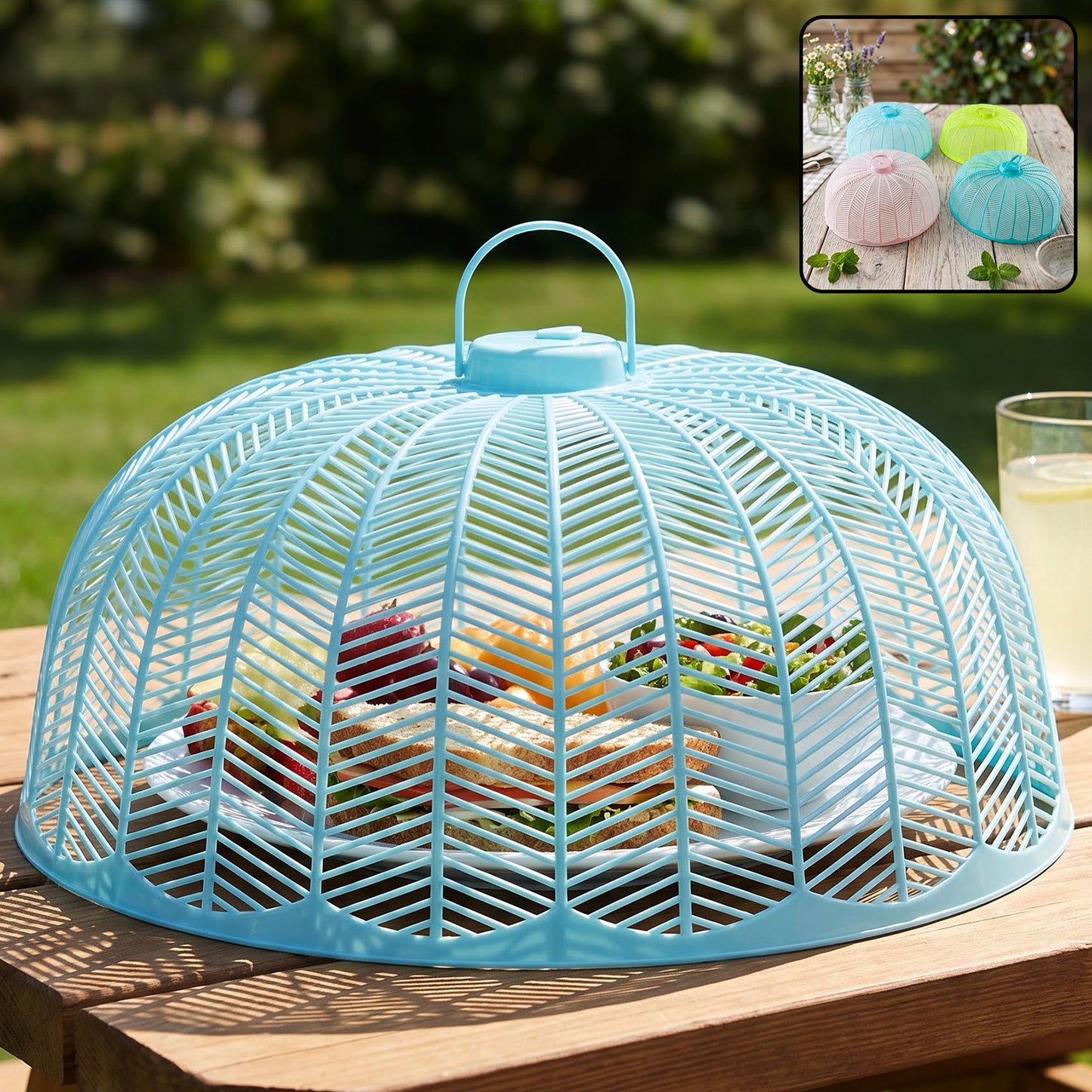 Plastic mesh food cover protecting dishes