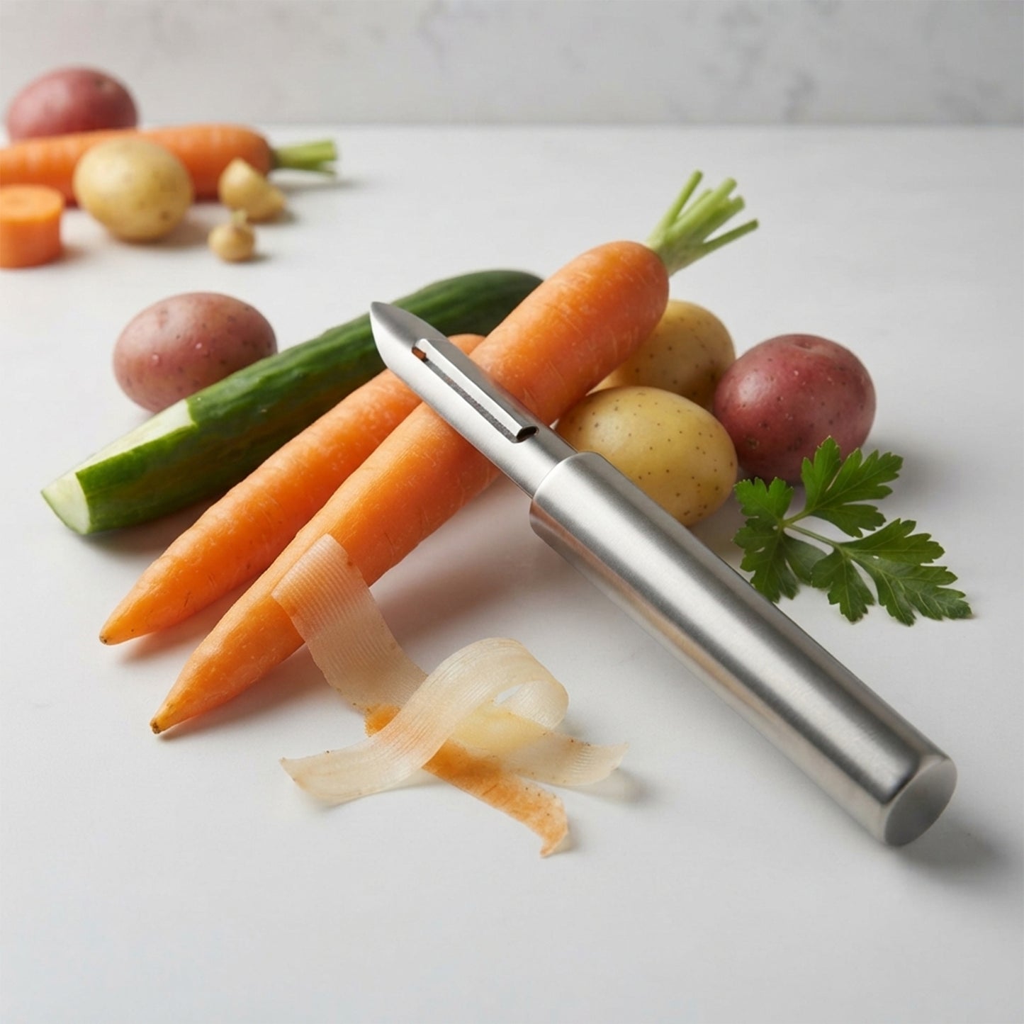 Stainless steel peeler features