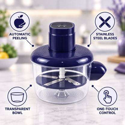Automatic peeler features stainless steel blades transparent bowl and one touch control