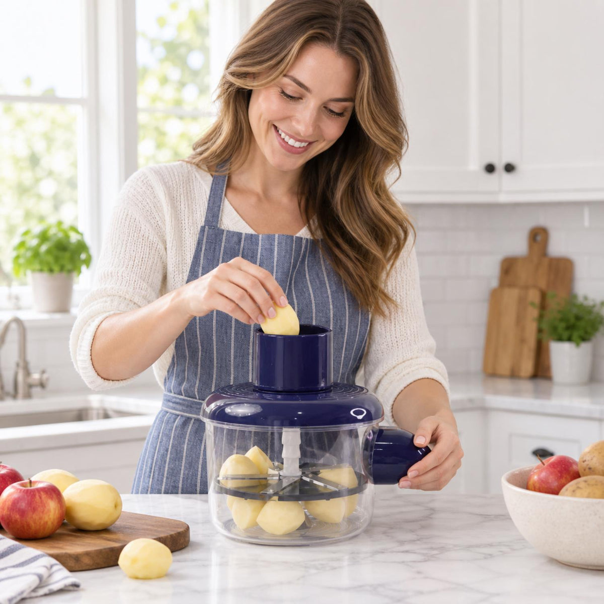 Automatic peeler set in use with peeled potatoes in kitchen