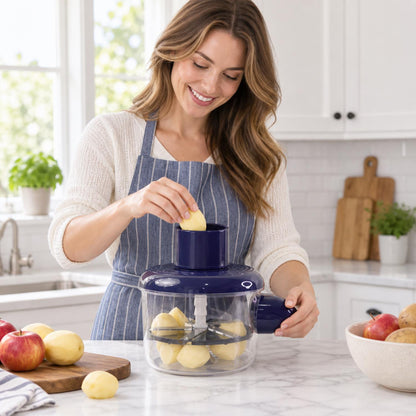 Automatic peeler set in use with peeled potatoes in kitchen