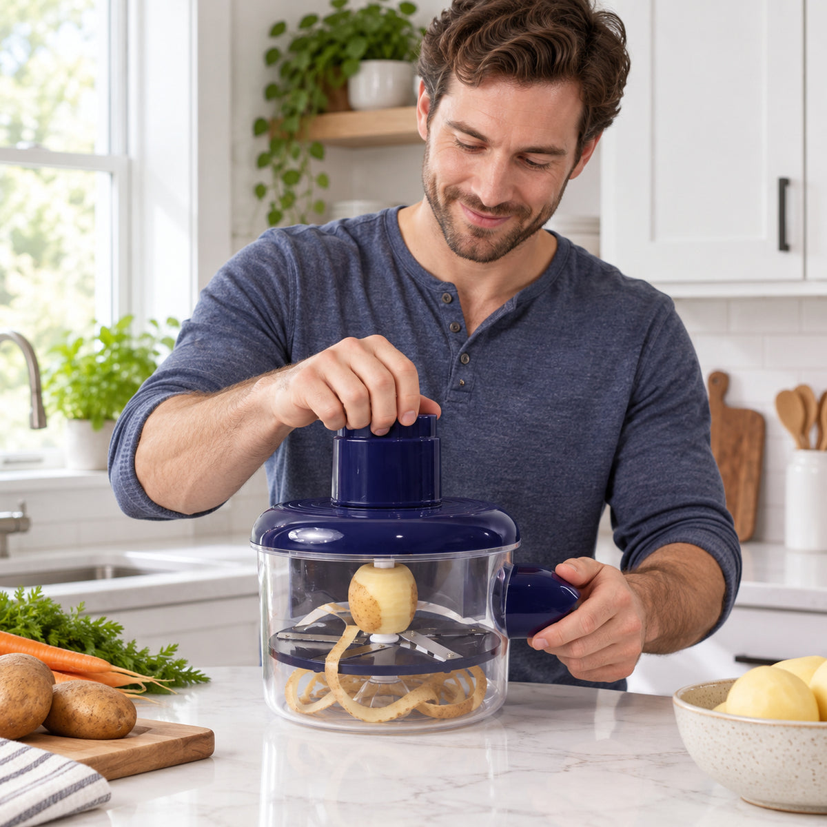 Automatic kitchen peeler removing potato skin inside transparent bowl
