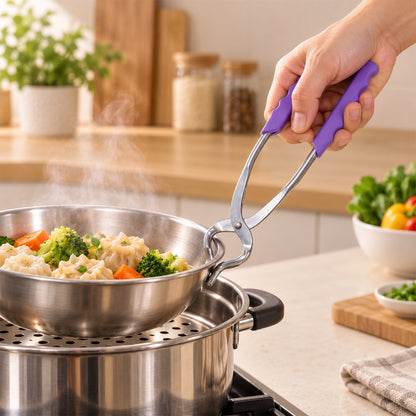A hand holding a stainless steel pot lifter with purple handles, lifting a bowl of vegetables from a steamer.