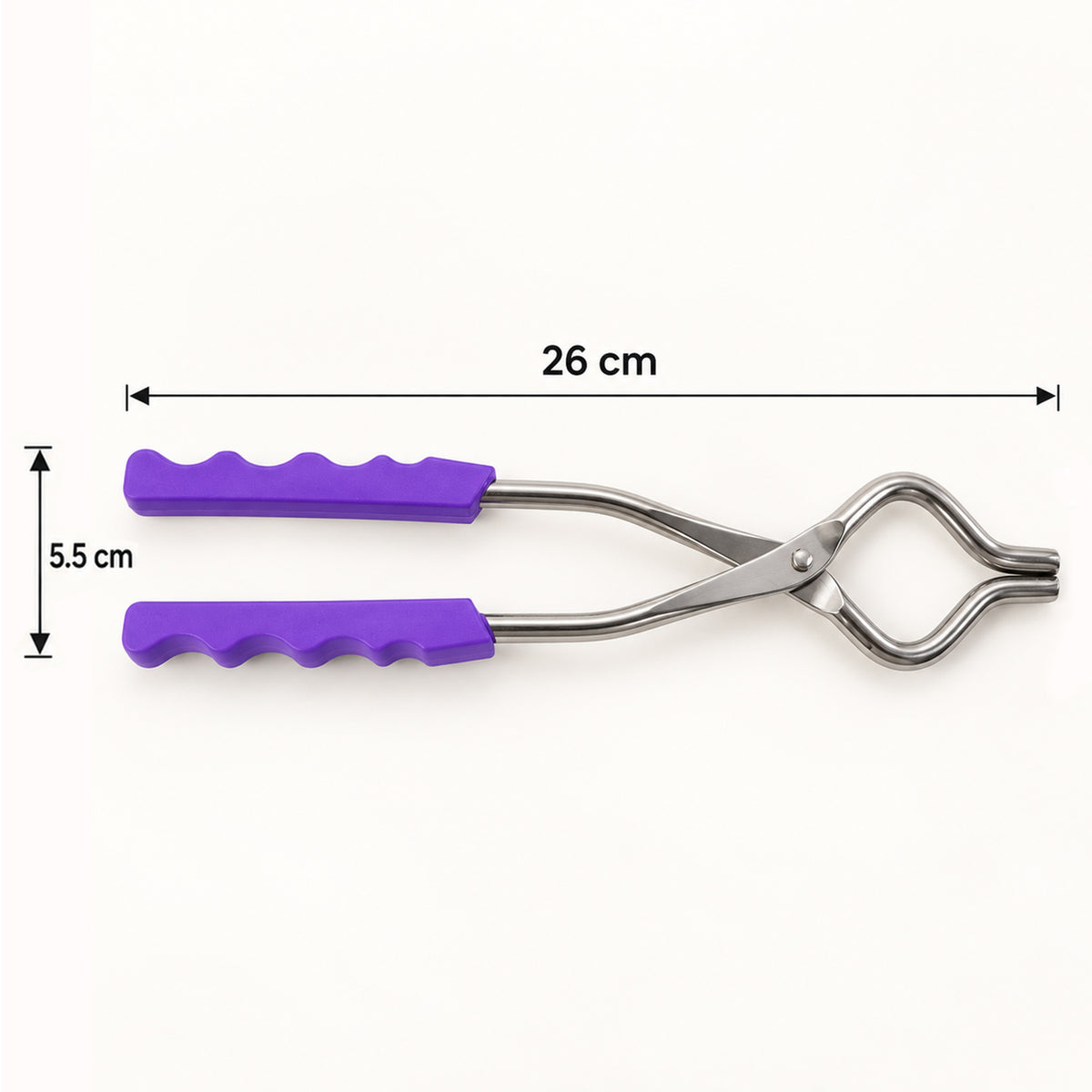 A stainless steel pot lifter with purple handles on a white background, showing dimensions of 26 cm length and 5.5 cm width.