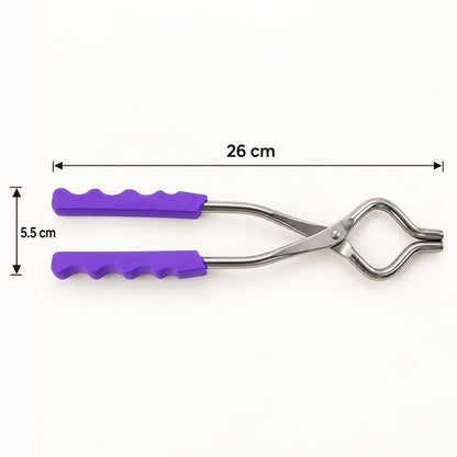 A stainless steel pot lifter with purple handles on a white background, showing dimensions of 26 cm length and 5.5 cm width.