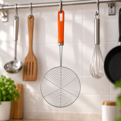 Strainer hanging from kitchen rail