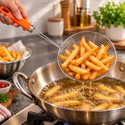 Wire strainer draining oil from fries