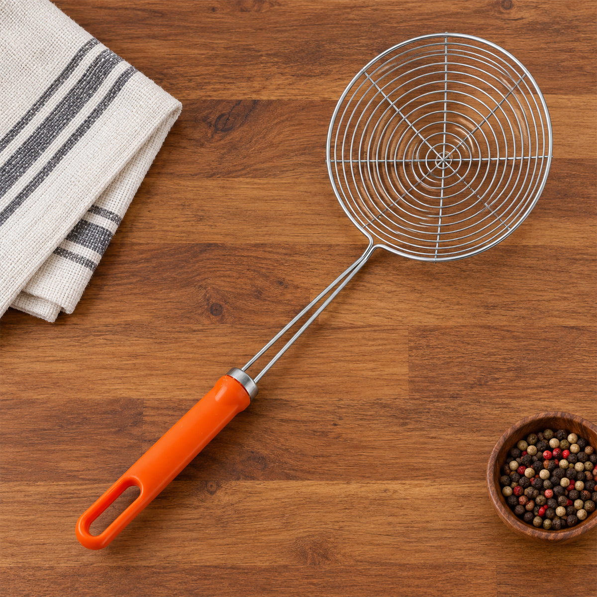 Round wire strainer on work surface