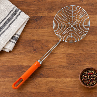 Round wire strainer on work surface