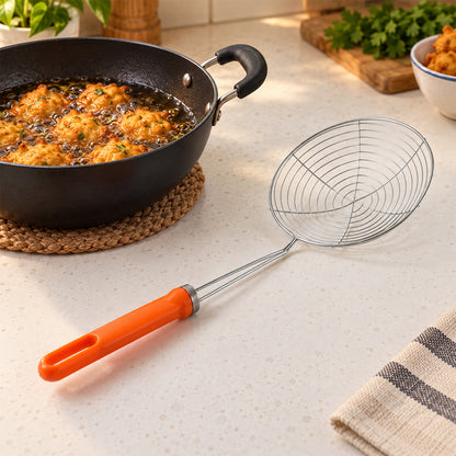 Strainer beside frying pan