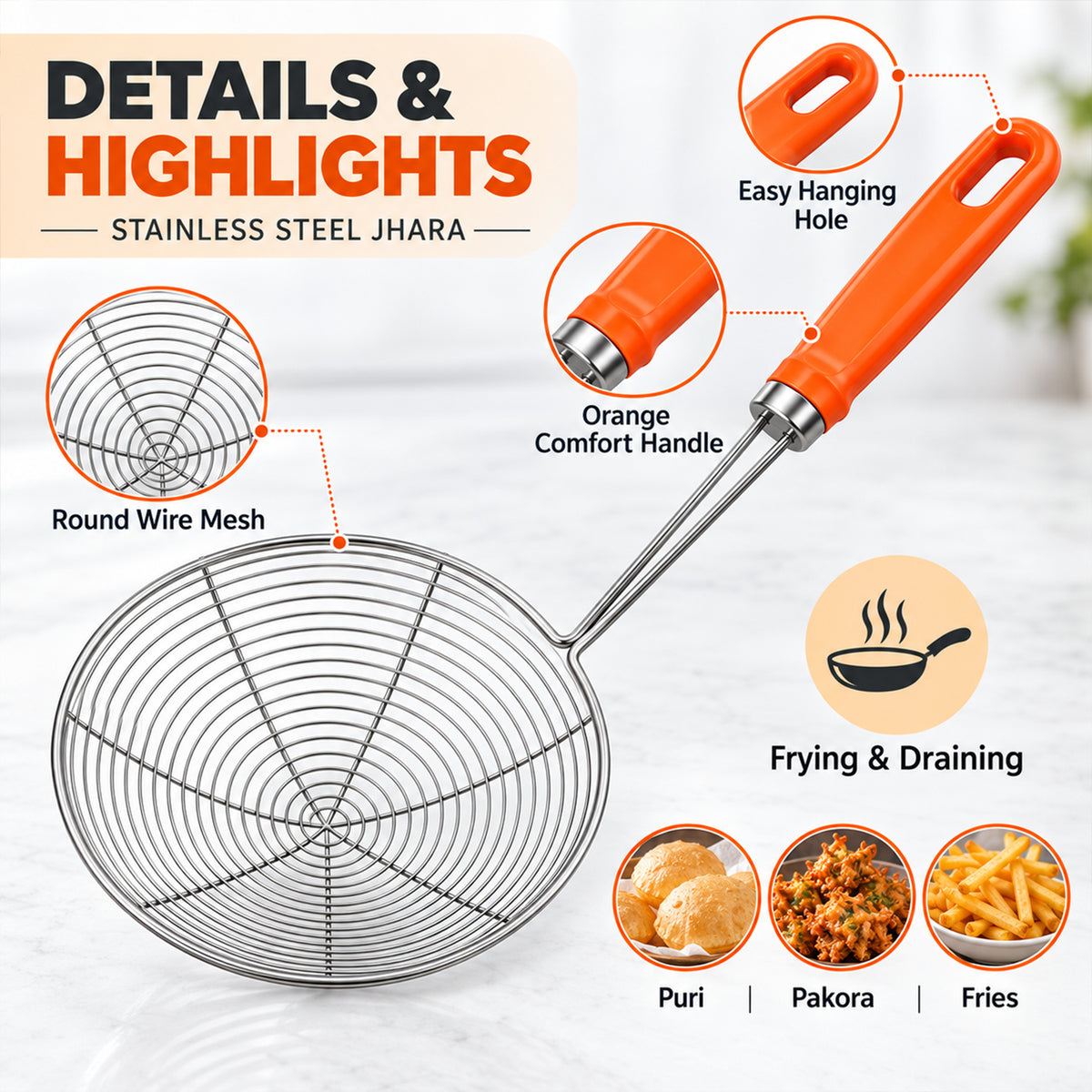 Stainless steel wire mesh and hanging handle details