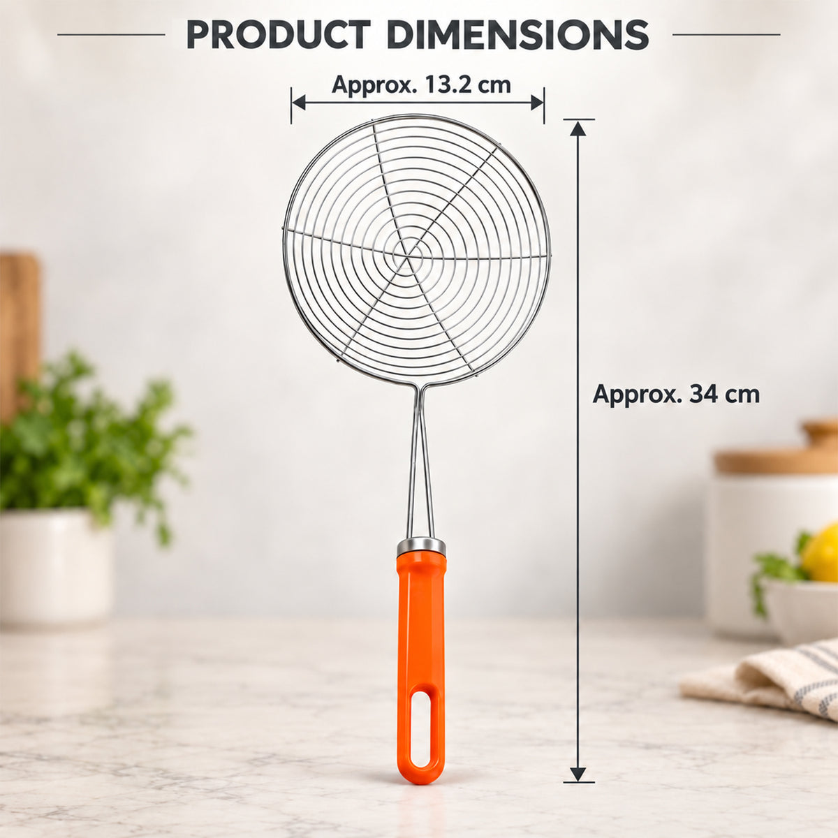 Strainer dimensions approximate length 34 cm and diameter 13.2 cm