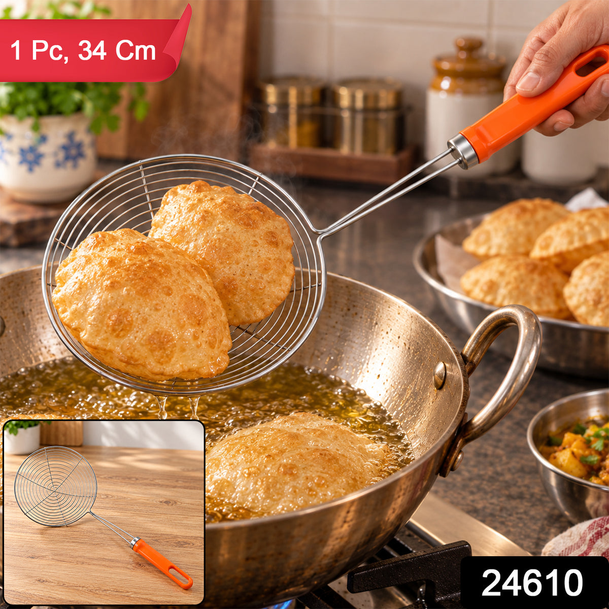 Frying strainer with product code 24610 and quantity size label