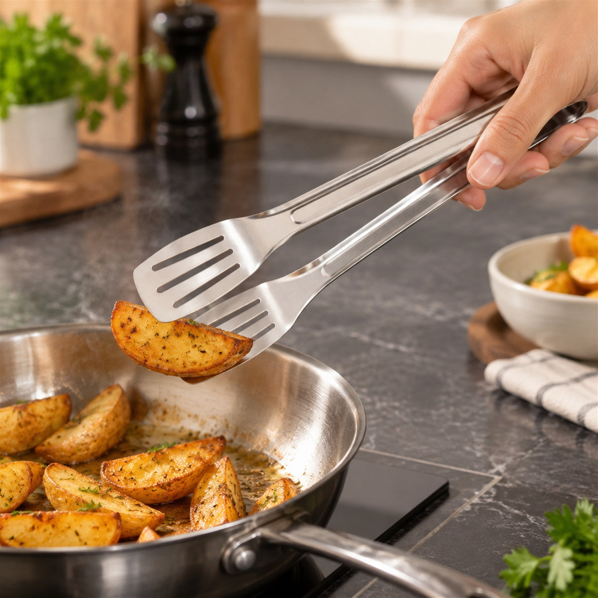 Steel kitchen tongs white bg