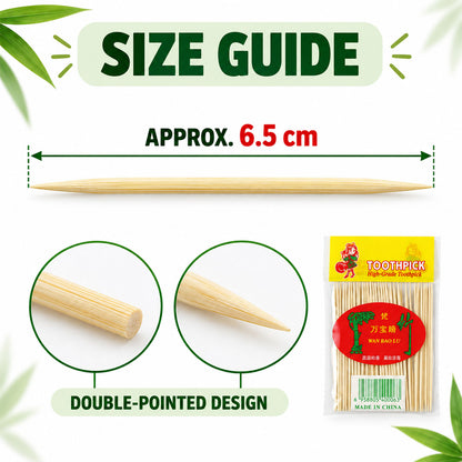 Wooden toothpick size guide showing approximately 6.5 cm length