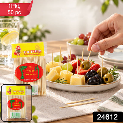 Wooden toothpicks with product code 24612 and 1 packet 50 piece label
