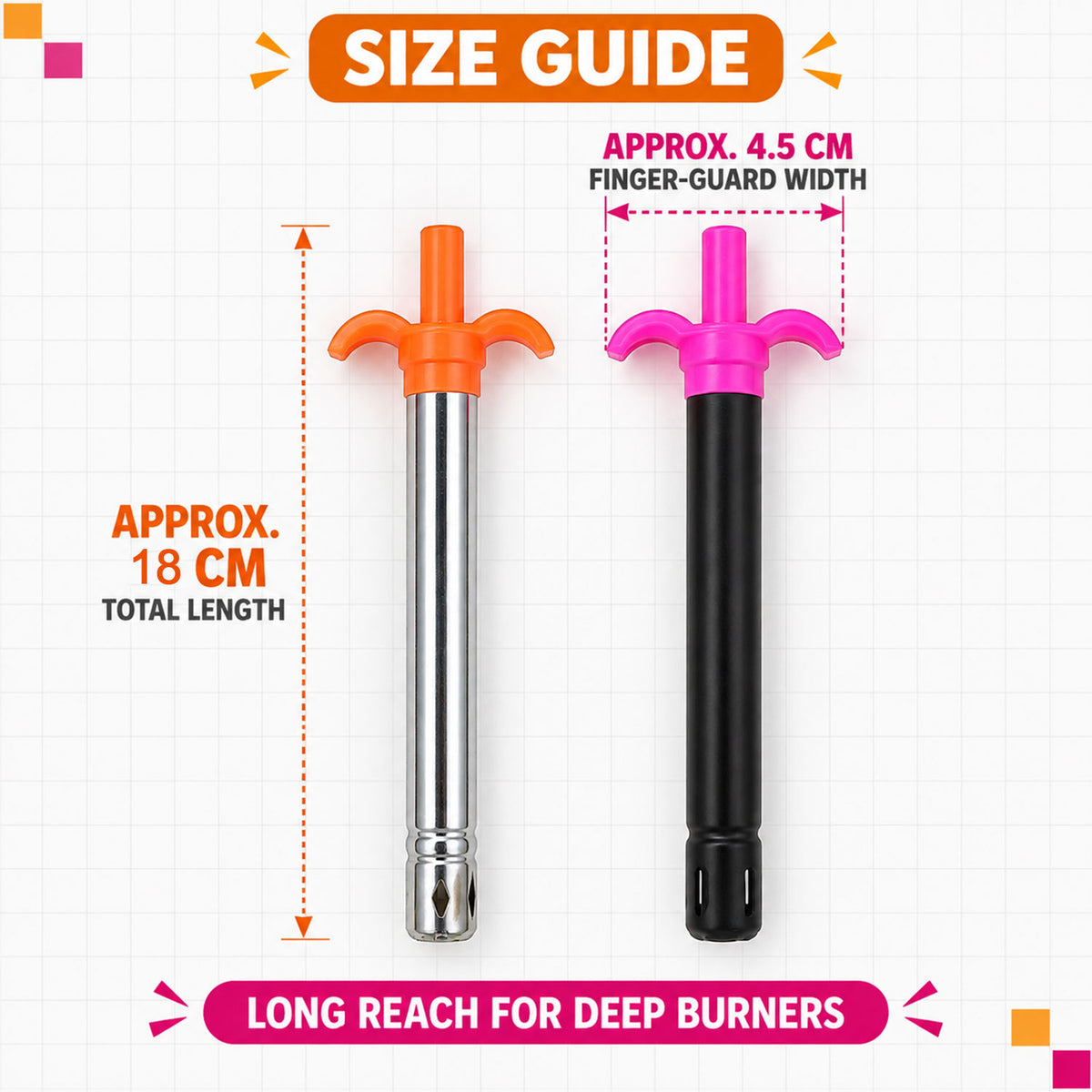 Gas stove lighter size guide showing approximately 18 cm length and 4.5 cm finger guard width
