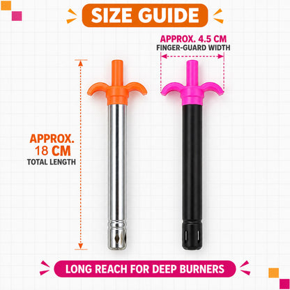 Gas stove lighter size guide showing approximately 18 cm length and 4.5 cm finger guard width