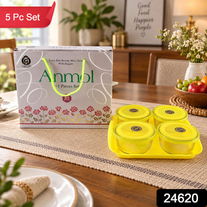 Glass Bowl Set with Plastic Lids and Serving Tray for Snacks and Nuts (5 Pc Set)