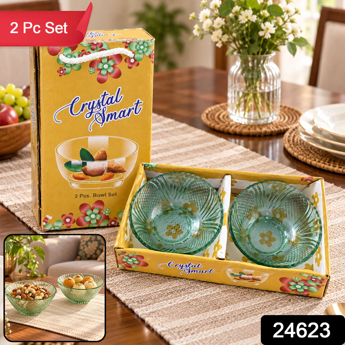 Textured Glass Bowl Set for Serving Dry Fruits, Snacks and Desserts (2 Pc Set)