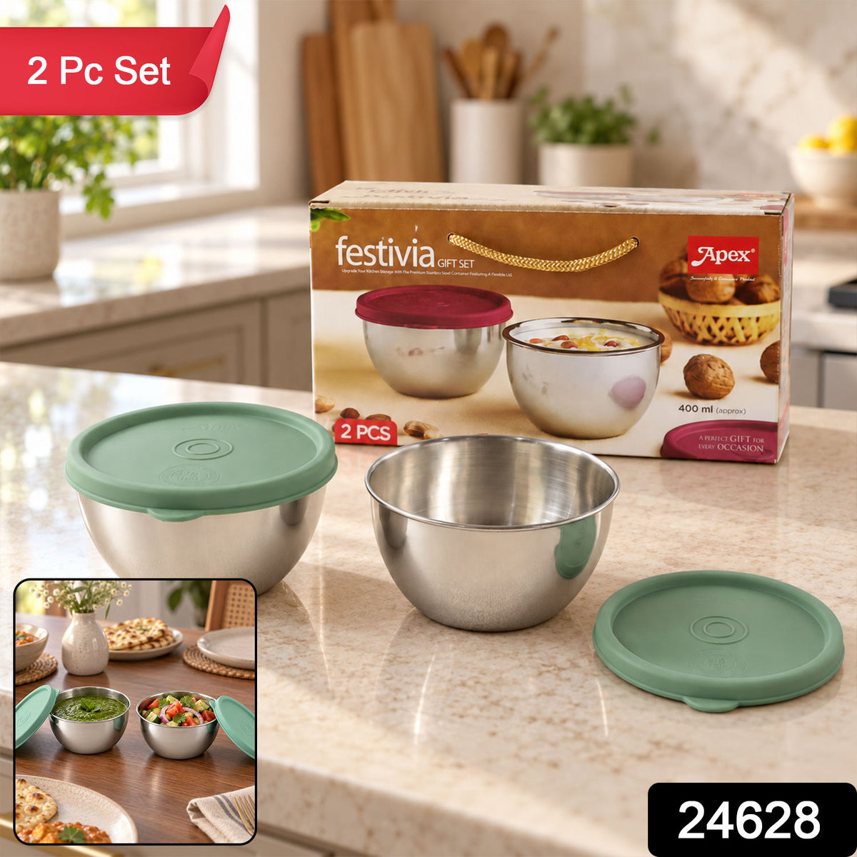 Apex Stainless Steel Container 400 ML with Lid, Kitchen Gift Set (2 Pc Set)