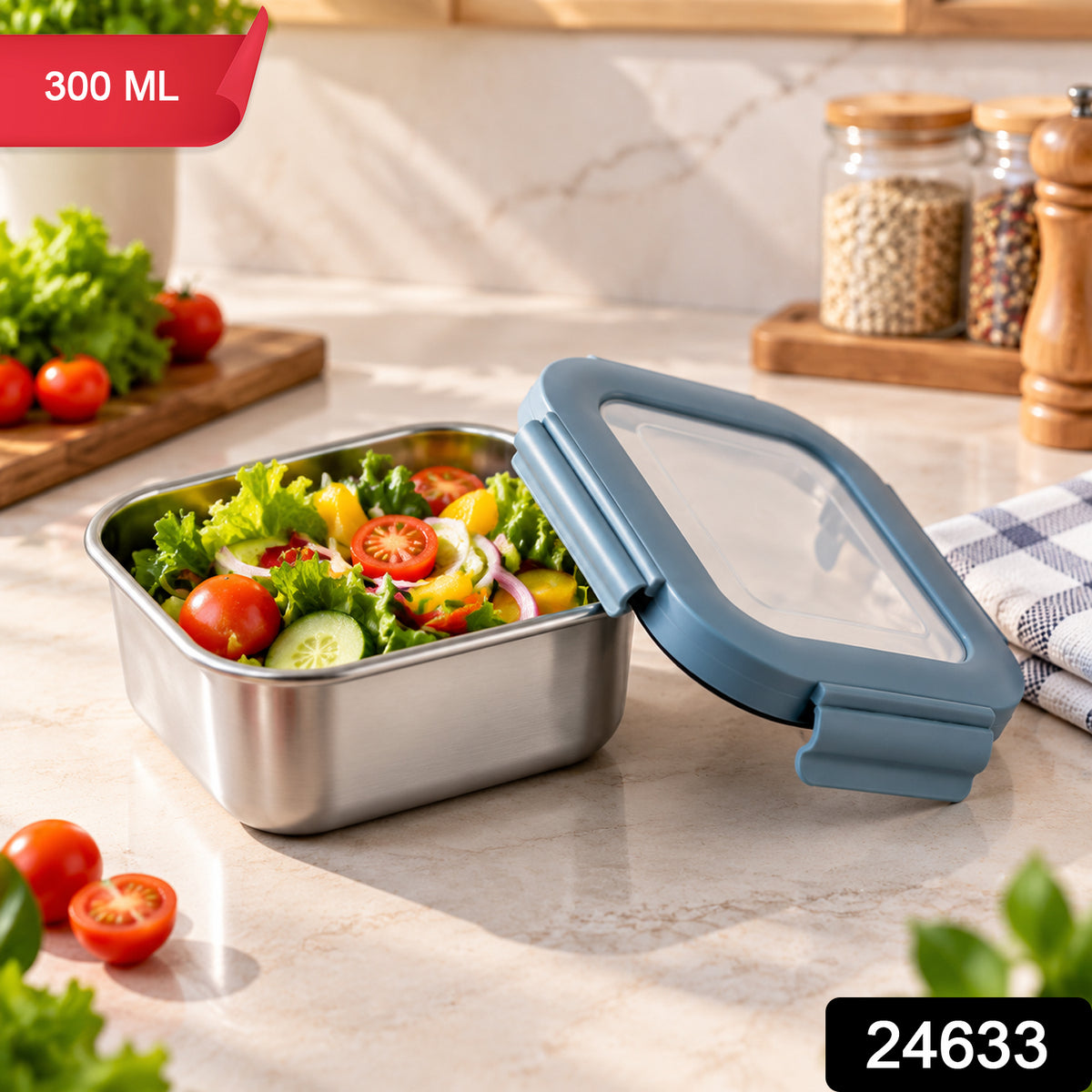 Apex Square Steel Food Container 300 ML with Clip Lock Lid, Lunch Box (1 Pc)