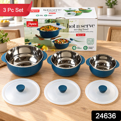 Apex Hot and Serve Serving Bowl Set with Lids, Steel Inner Casserole (3 Pc Set)