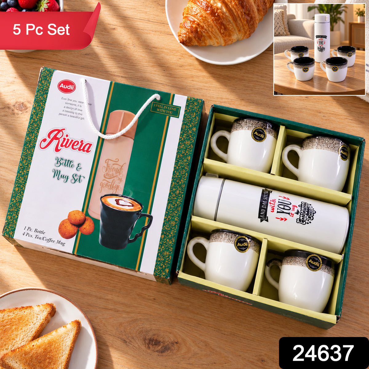 Bottle and Mug Gift Set, 1 Flask Bottle with 4 Tea Coffee Mugs (5 Pc Set)