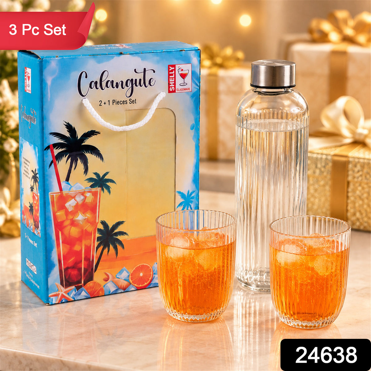 Bottle and Glass Gift Set, Ribbed Water Bottle with 2 Glasses (3 Pc Set)
