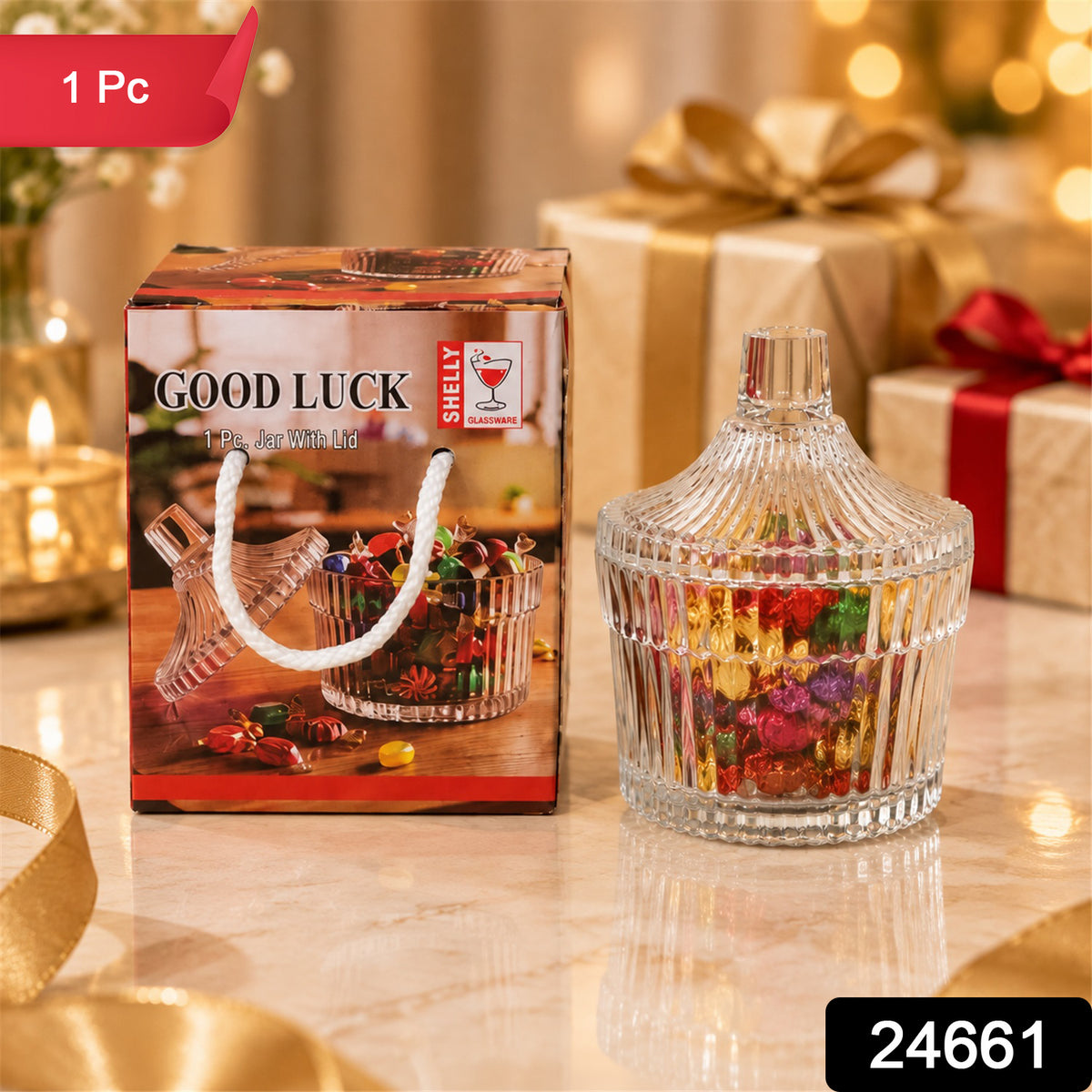 Crystal Clear Candy Jar with Lid, Ribbed Dry Fruit and Sweet Storage Jar (1 Pc)