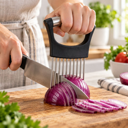 Onion slicing holder with steel prongs - slicing demonstration
