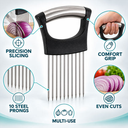 Onion slicing holder with steel prongs - prong and grip features