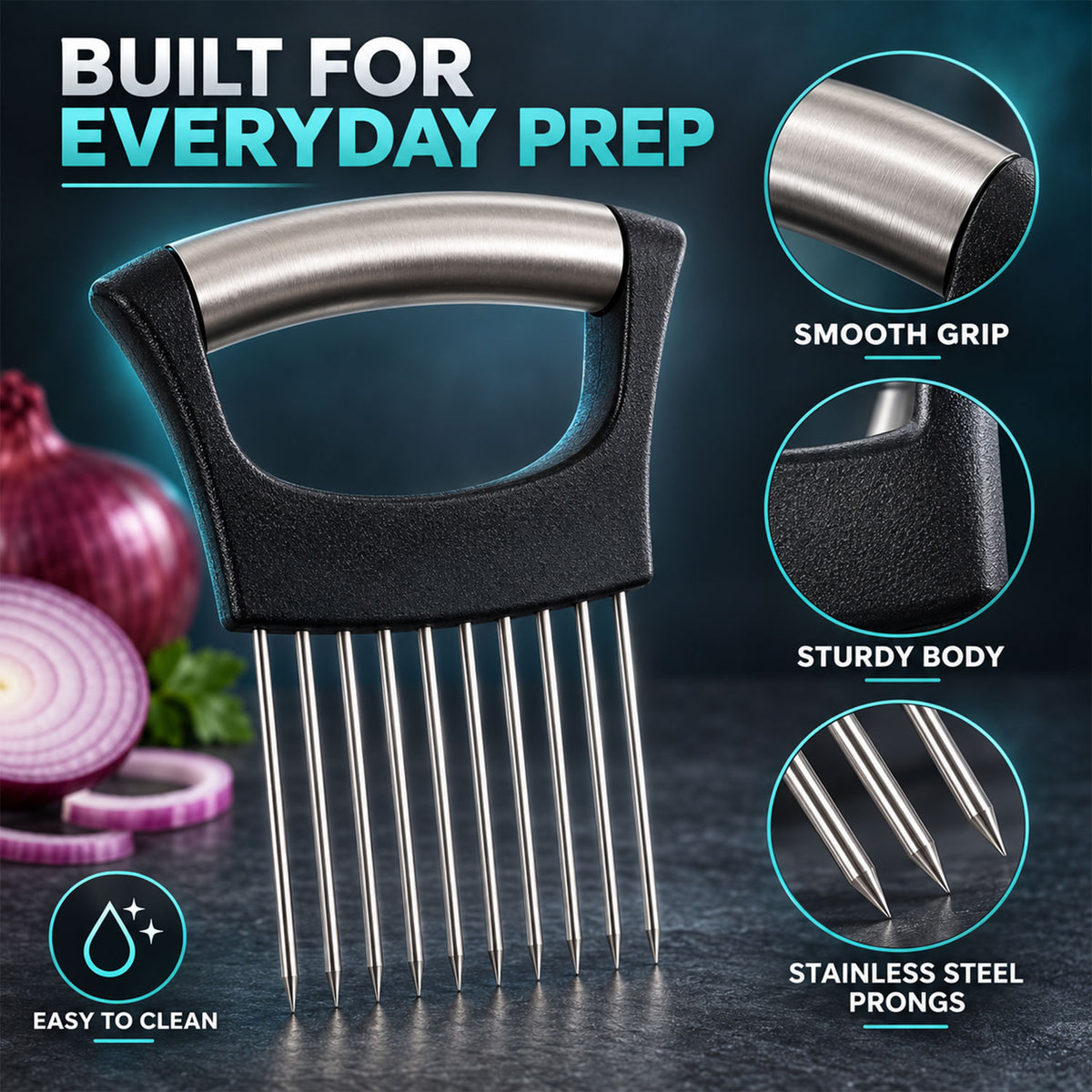 Onion slicing holder with steel prongs - construction details