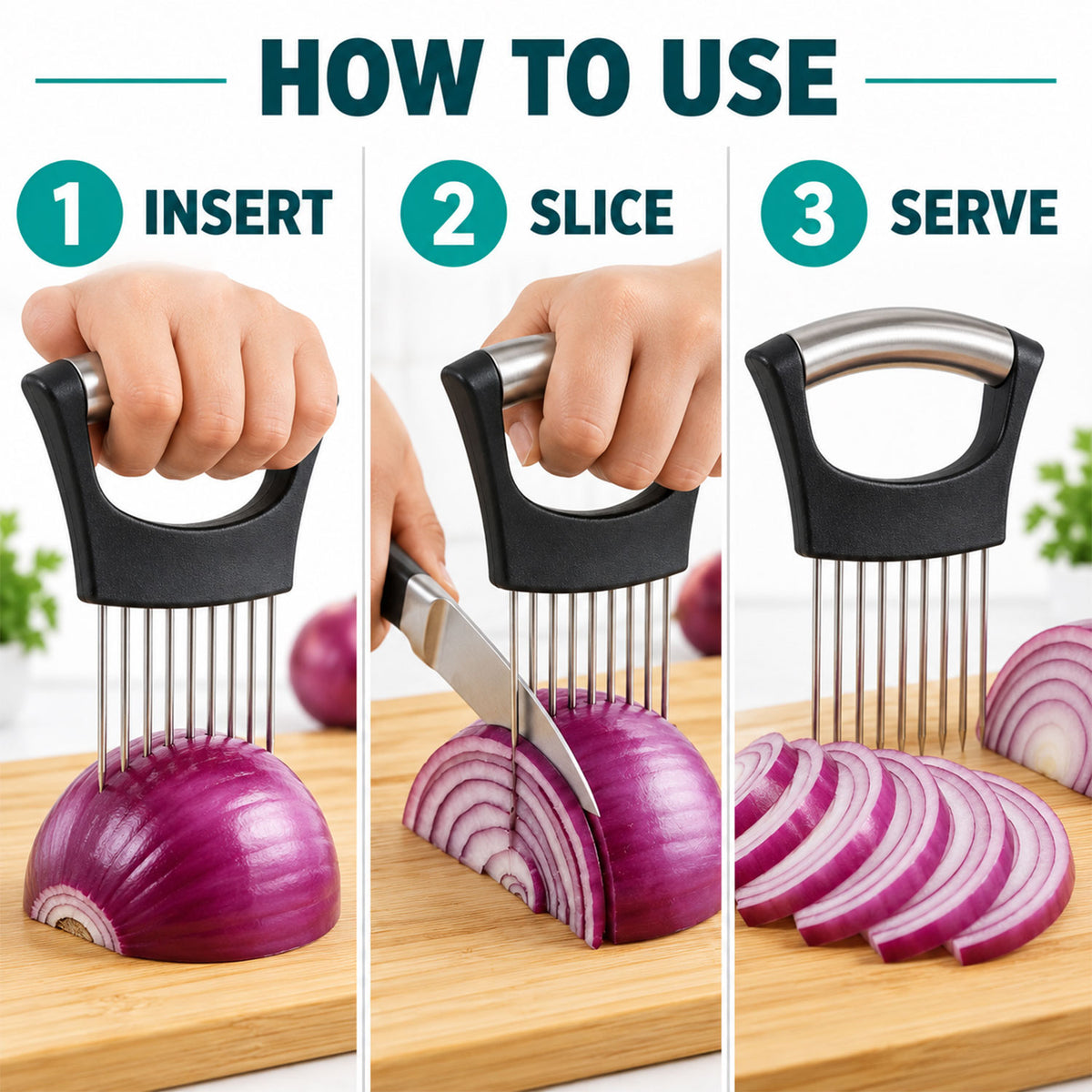 Onion slicing holder with steel prongs - usage guide