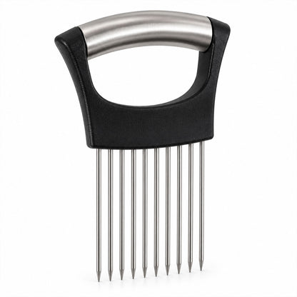 Onion slicing holder with steel prongs - white background