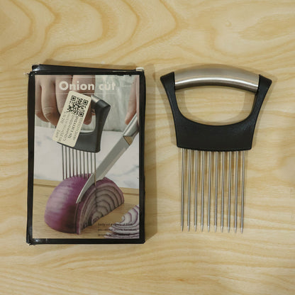 Onion slicing holder with steel prongs - actual product and box