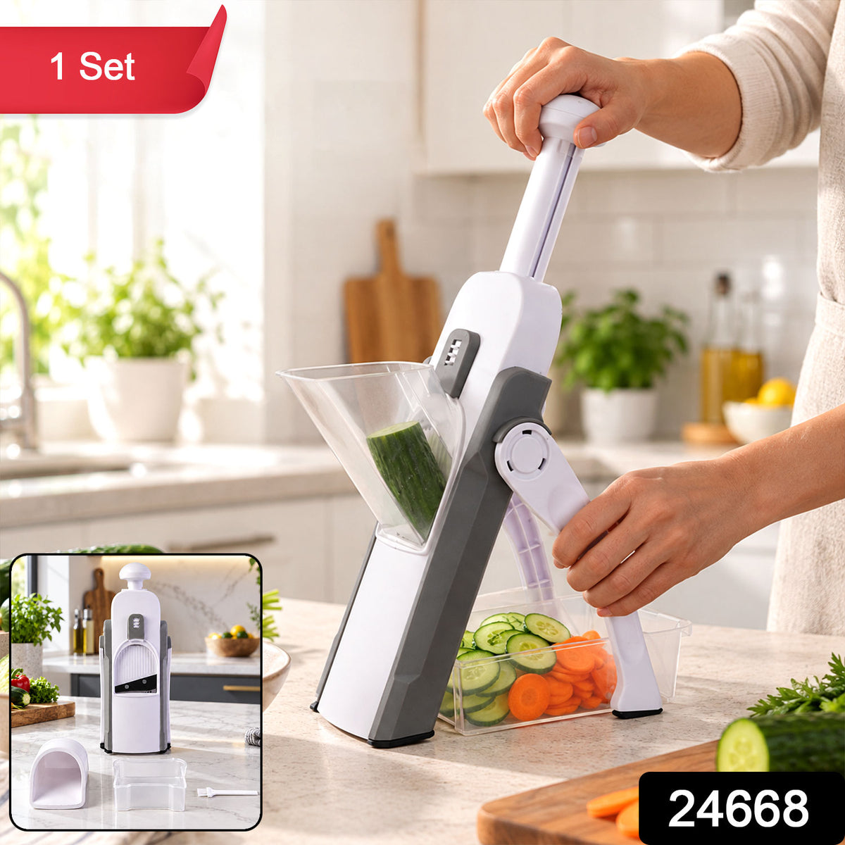 Manual Vegetable Slicer and Chopper with Adjustable Thickness and Tray (1 Set)