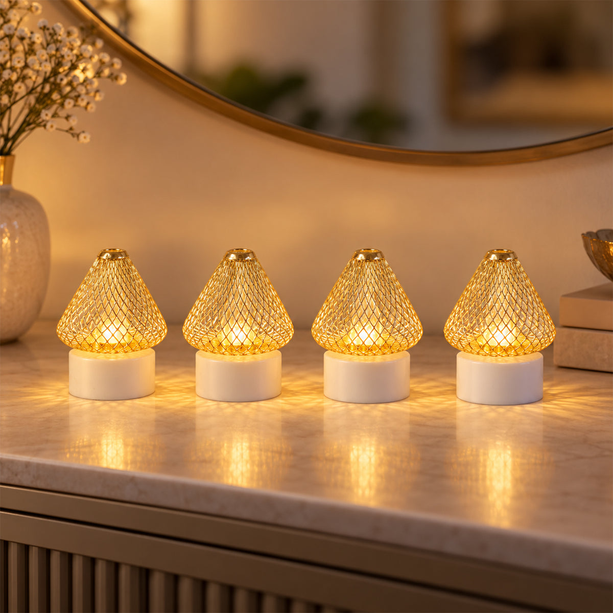 Antique style golden LED tealight lamps - warm light display
