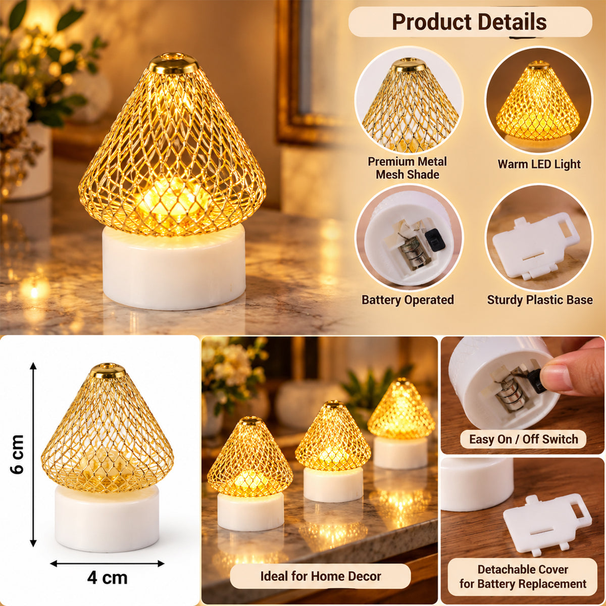 Antique style golden LED tealight lamps - battery and switch details