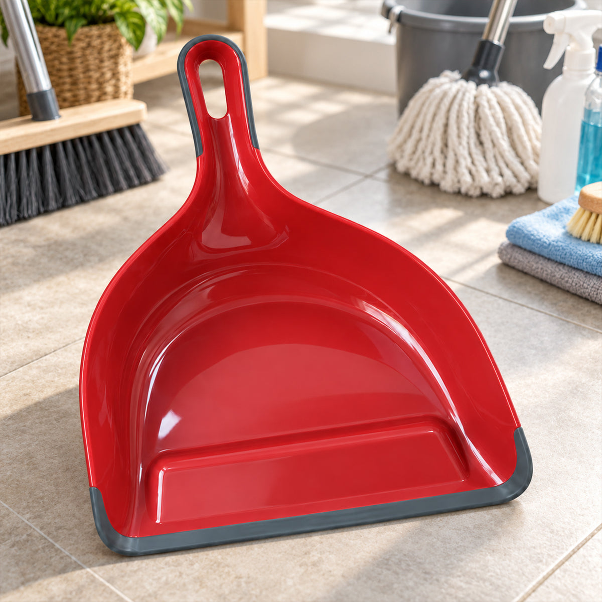 Dust pan with flexible front edge and hanging handle 9