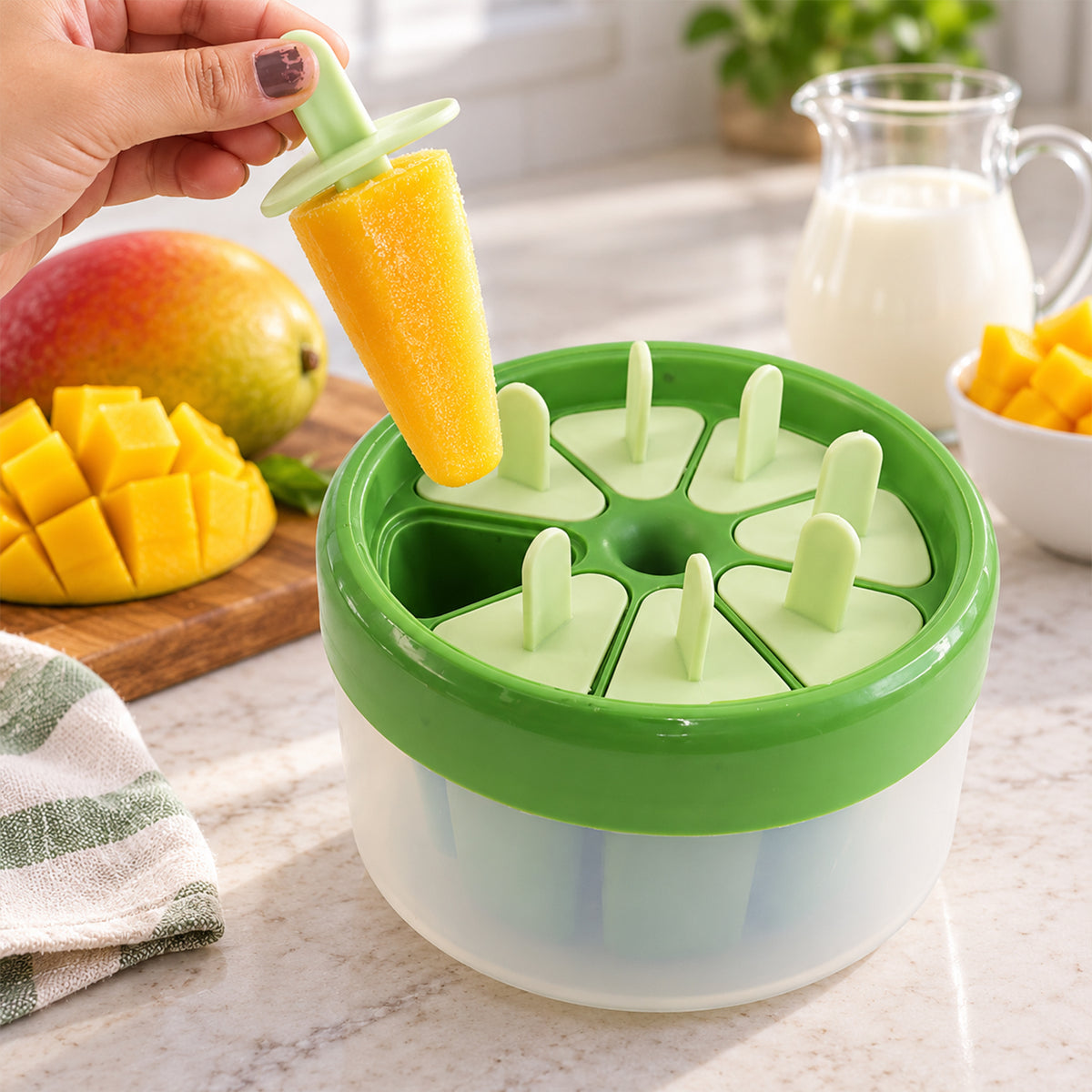 Round eight cavity kulfi ice pop mold with removable stick lids 1