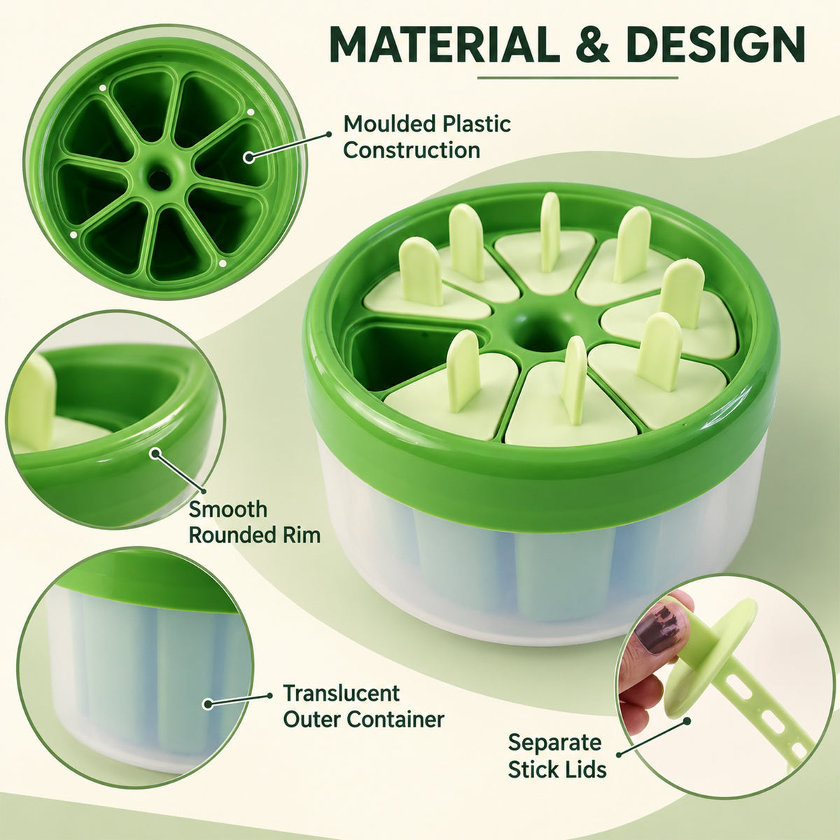Round eight cavity kulfi ice pop mold with removable stick lids 8