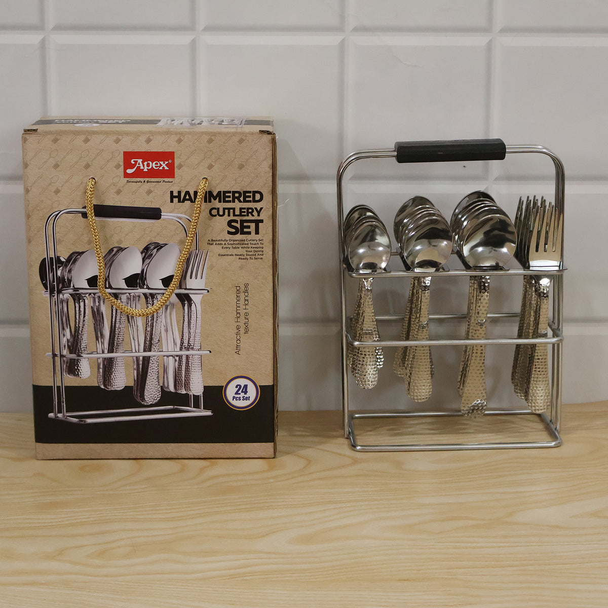 Hammered stainless steel cutlery set with metal stand 11