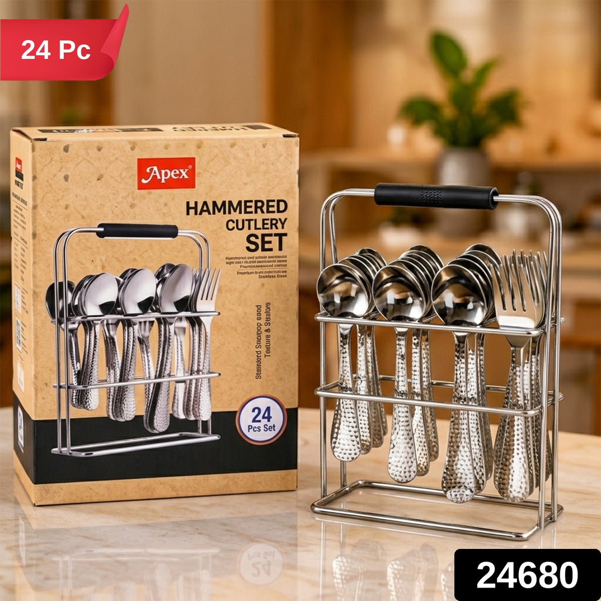 Hammered stainless steel cutlery set with metal stand 2